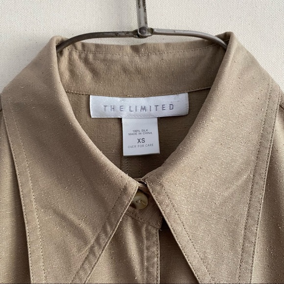 Vintage 90s The Limited Beige Raw Silk Button Front Collared Midi Safari Dress - Picture 7 of 12